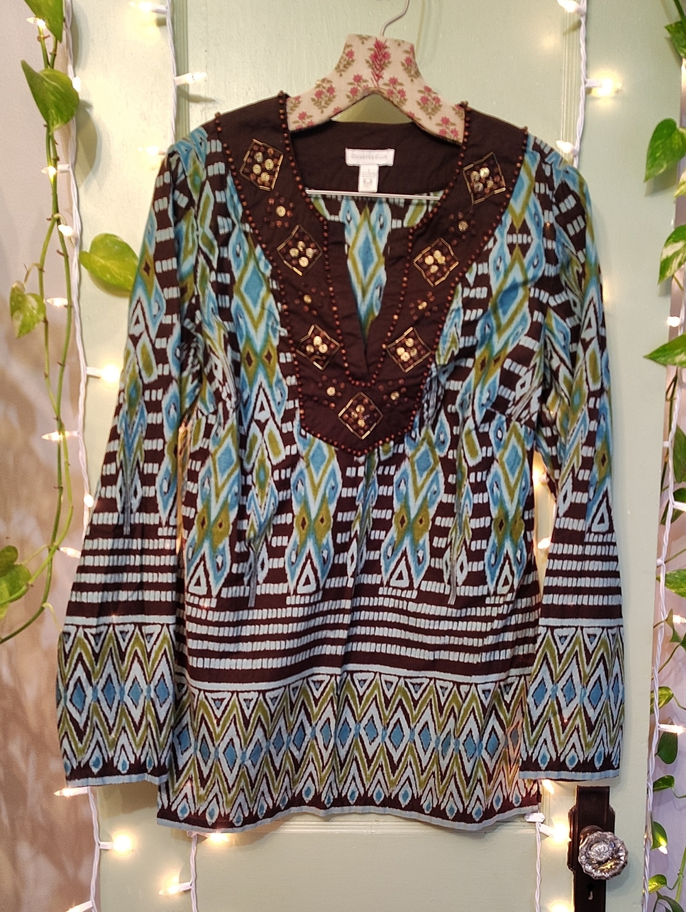 Women's Charter Club Boho Brown Aqua Green Lightweight Vacation Blouse 4